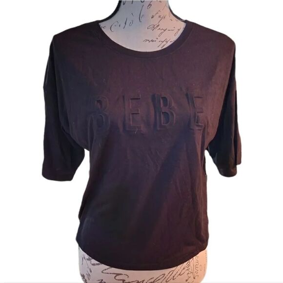 Bebe Sport Ladies Sz Large Black Short Sleeve Logo Shirt with Mesh Panel Sleeves - Picture 1 of 6